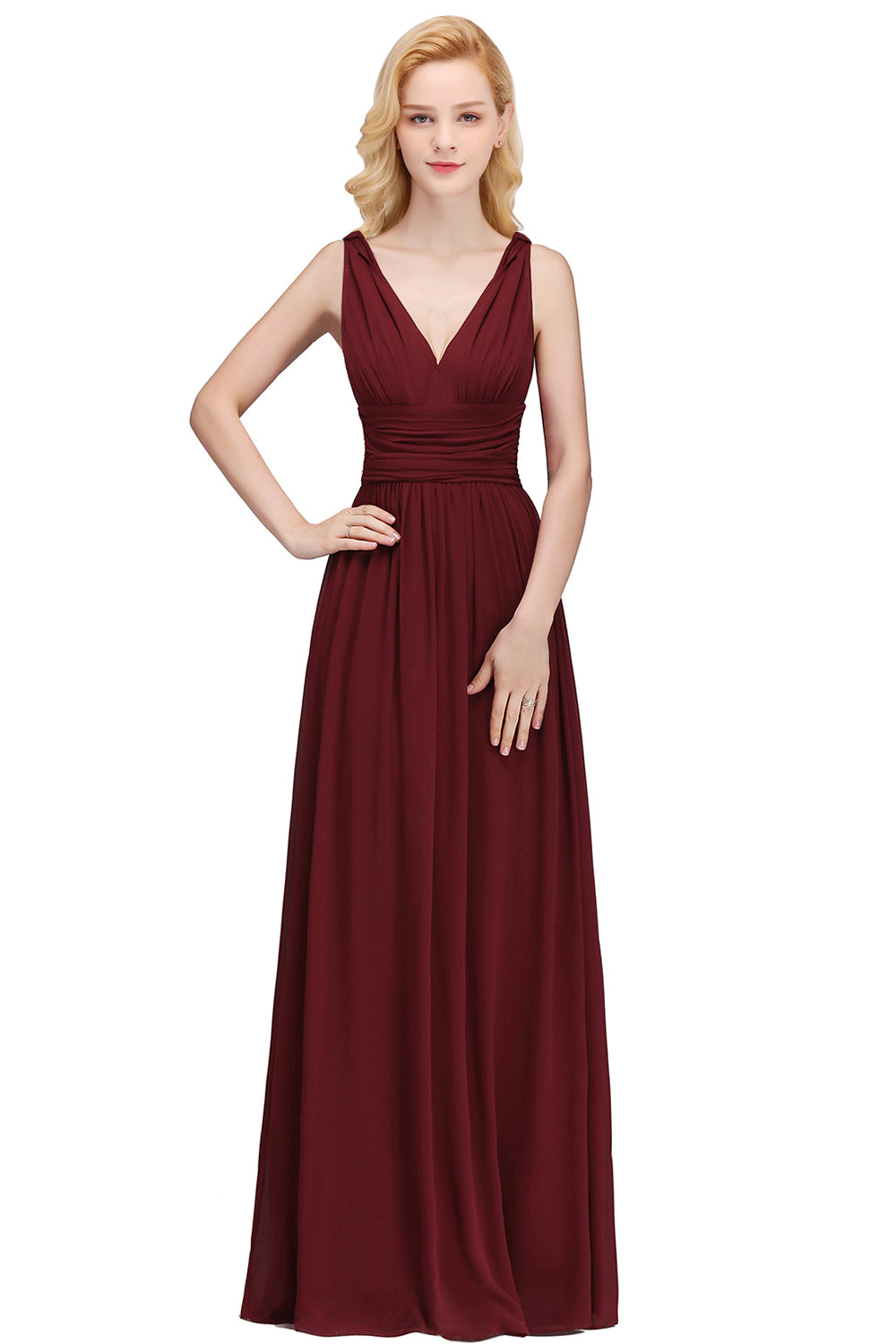 Long Chiffon V Neck Off The Shoulder Ruffle Floor Length Bridesmaid Dress
