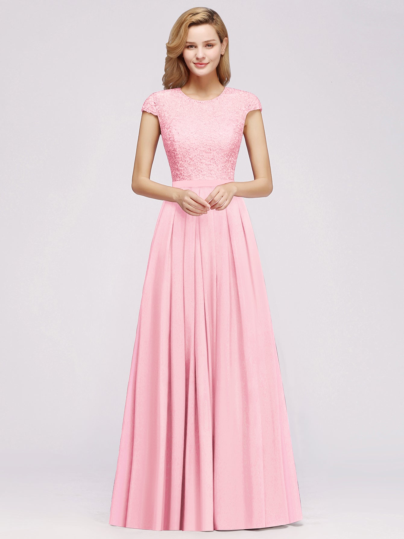 Long A-line Tulle Floral Lace Bridesmaid Dress with Cap Sleeves