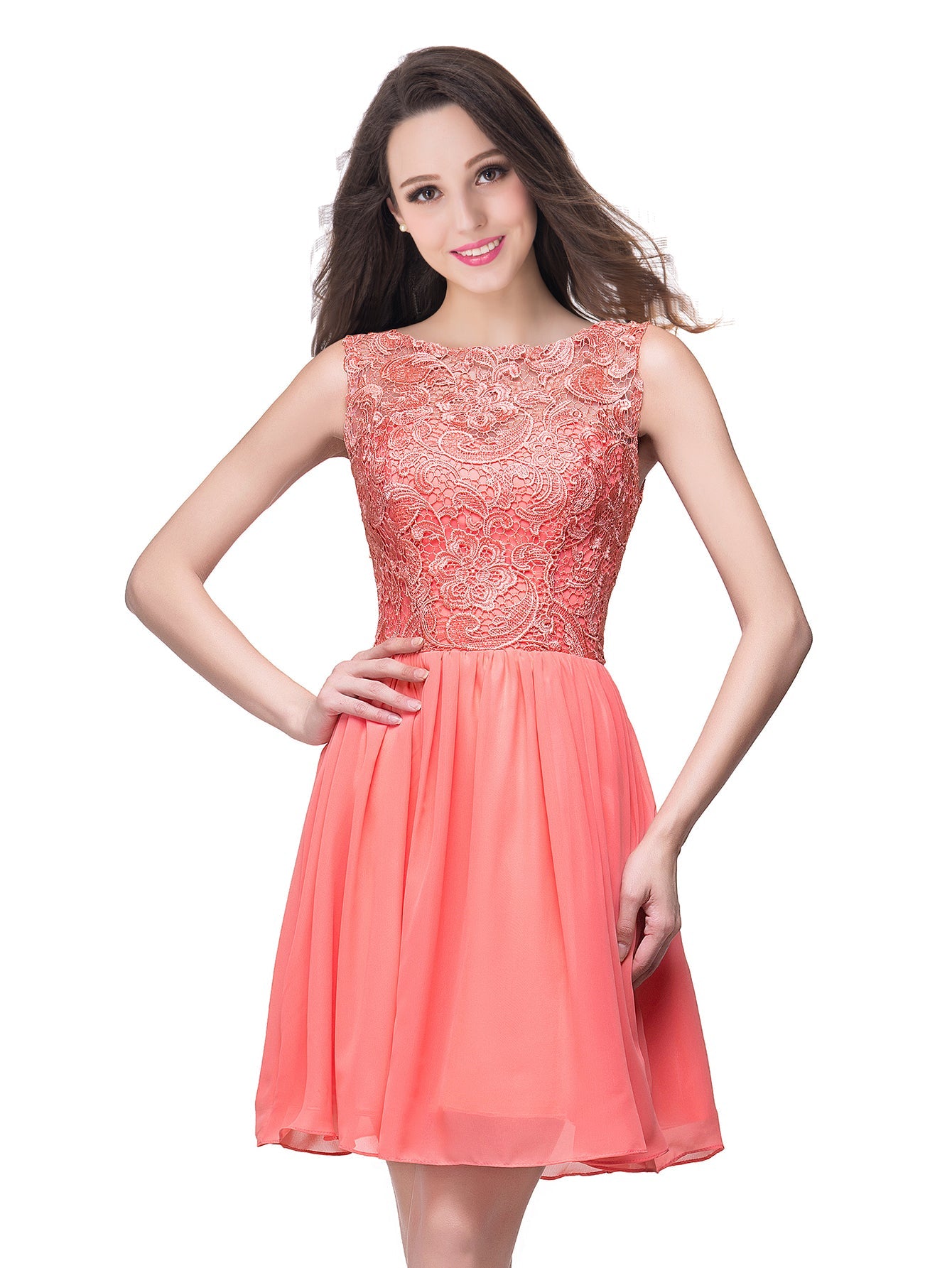 Short A line Lace Sleeveless Chiffon Homecoming Dress