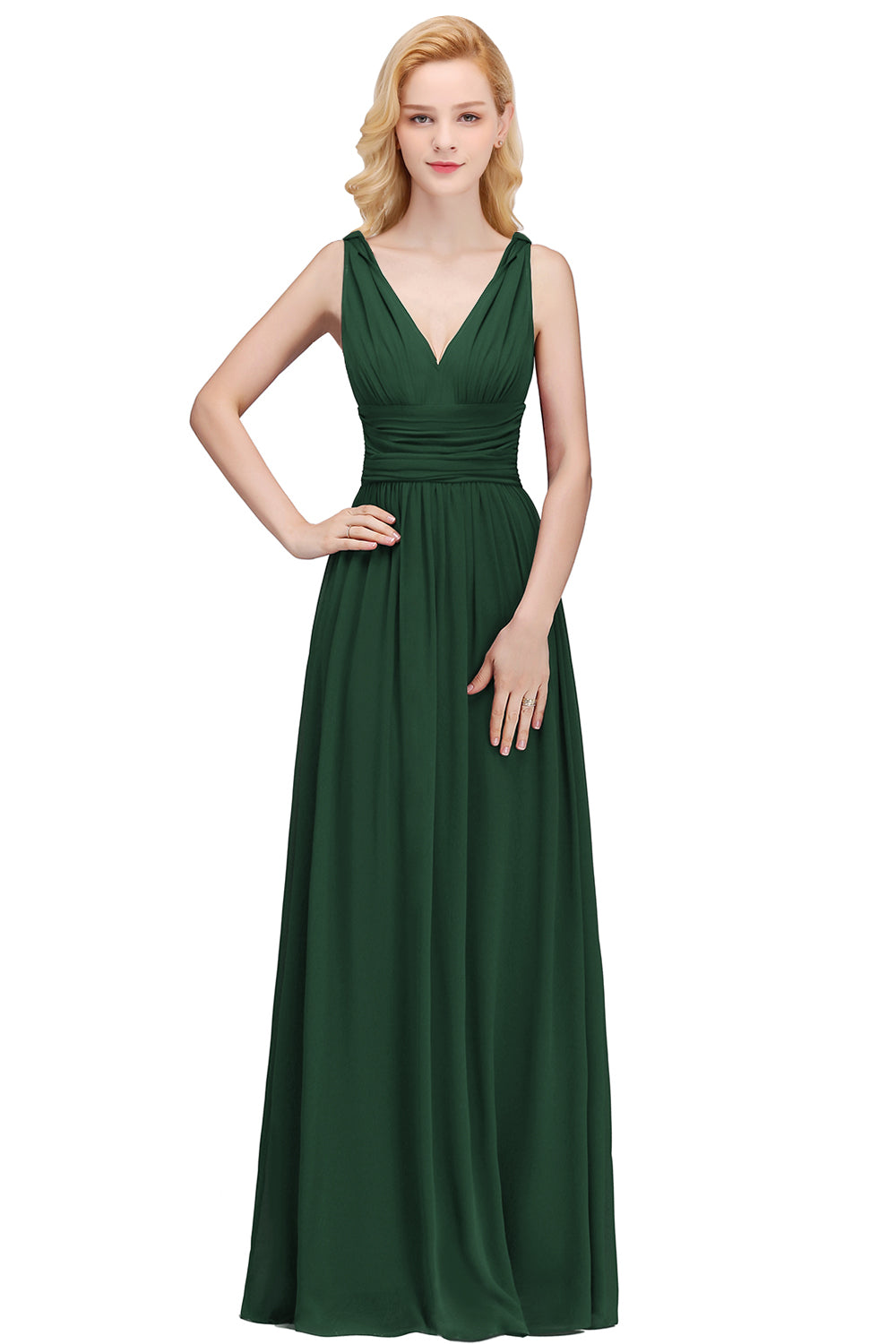 Long Chiffon V Neck Off The Shoulder Ruffle Floor Length Bridesmaid Dress