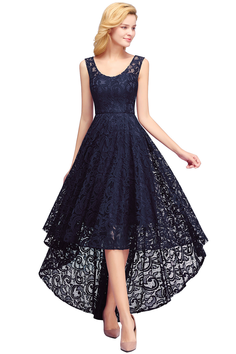 High Low A line U Neck Sleeveless Lace Formal Dress