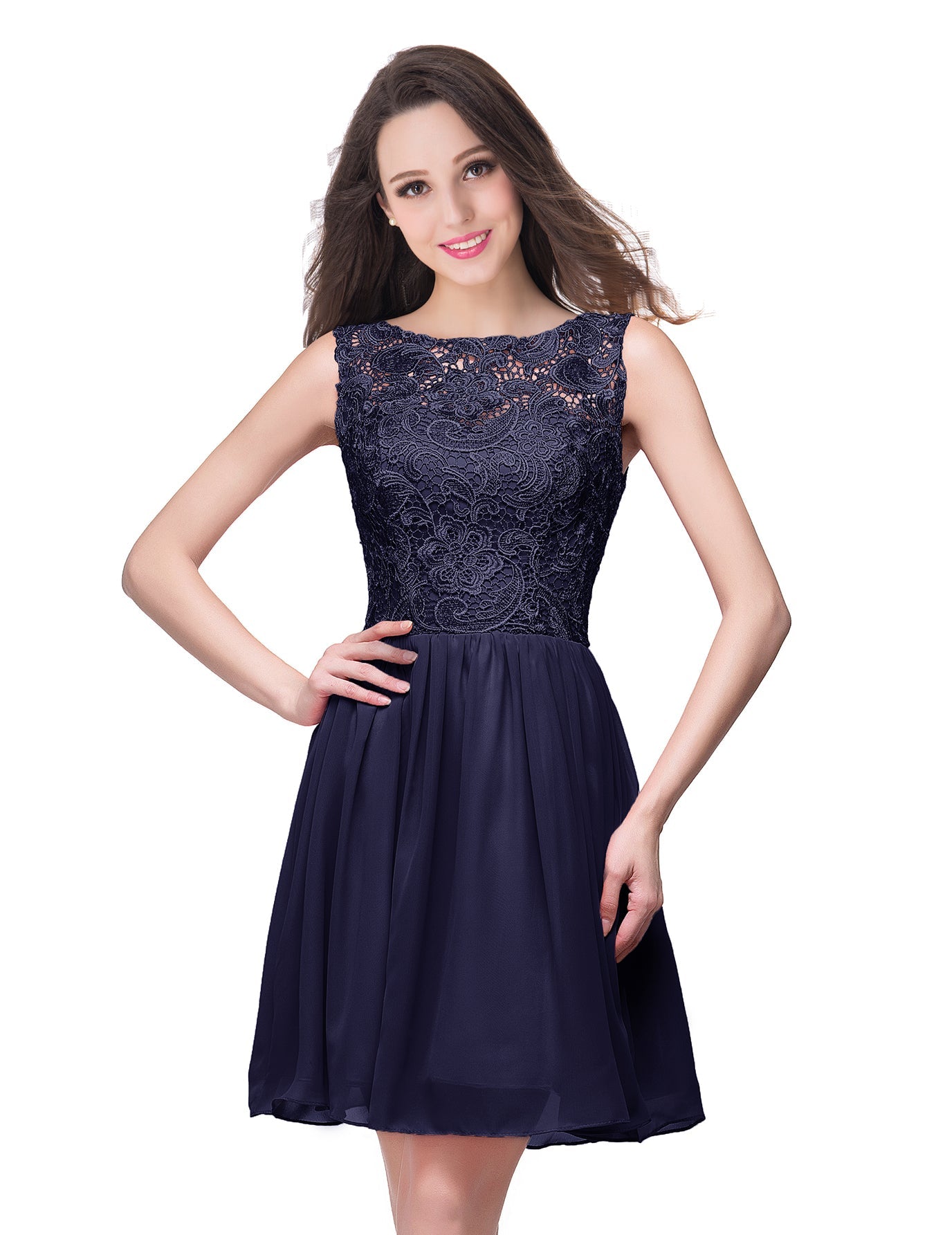 Short A line Lace Sleeveless Chiffon Homecoming Dress
