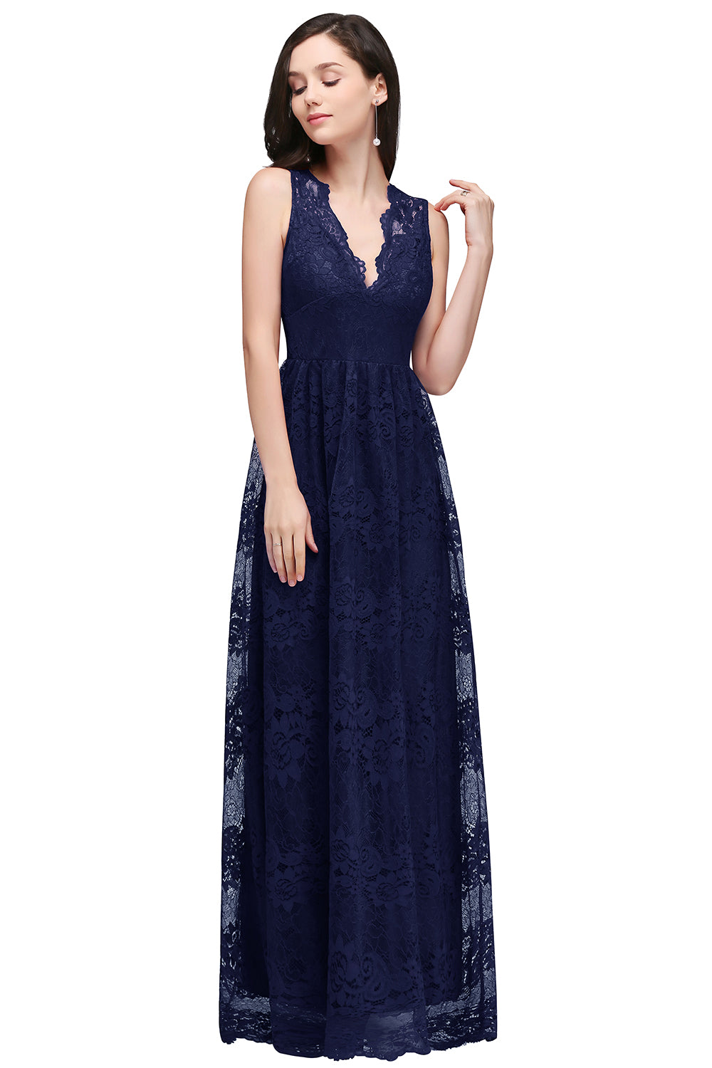 Long A Line Lace V Neck Sleveless Floor Length Evening Dress