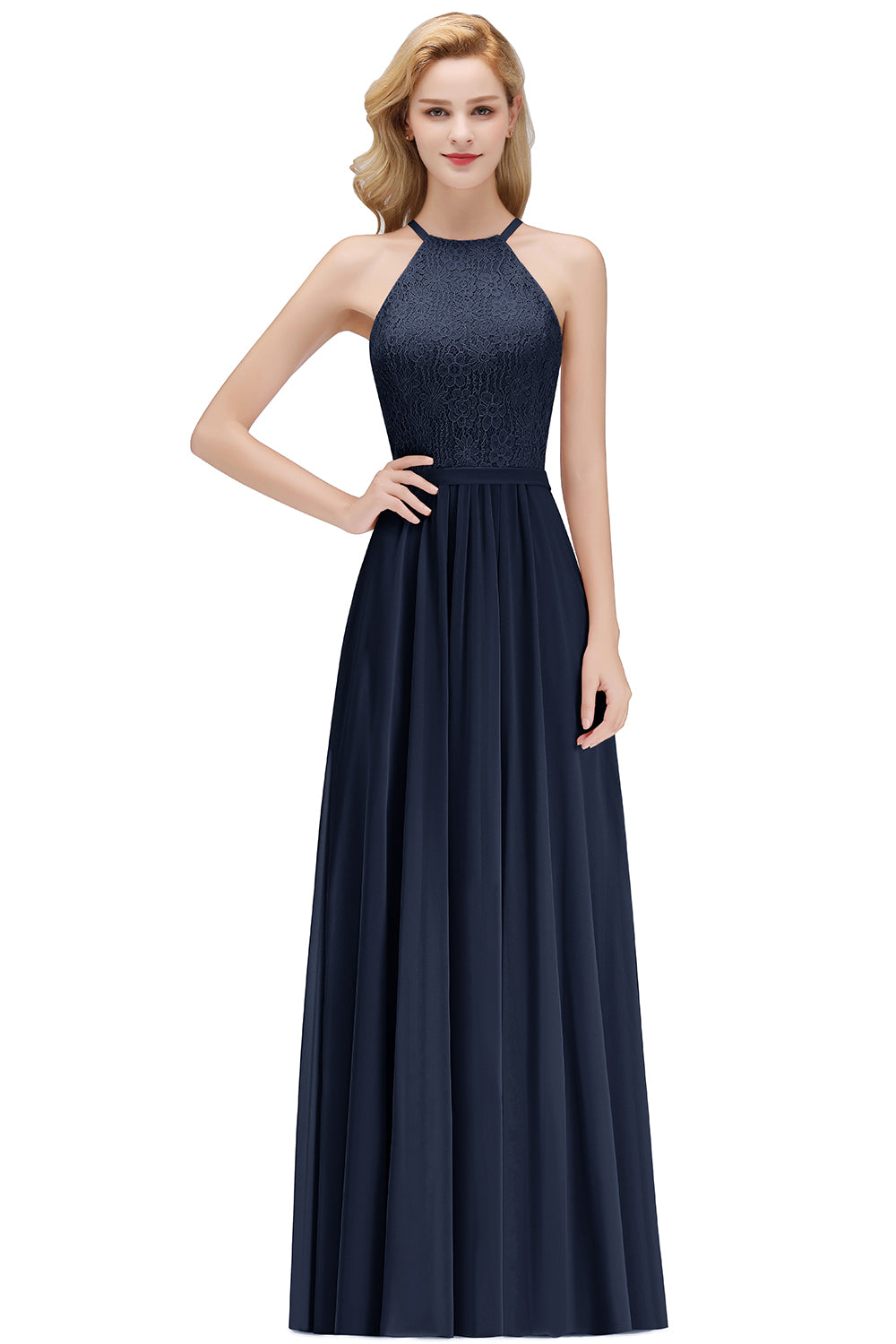 Long A Line Halter Floor Length Floral Lace Chiffon Evening Dress