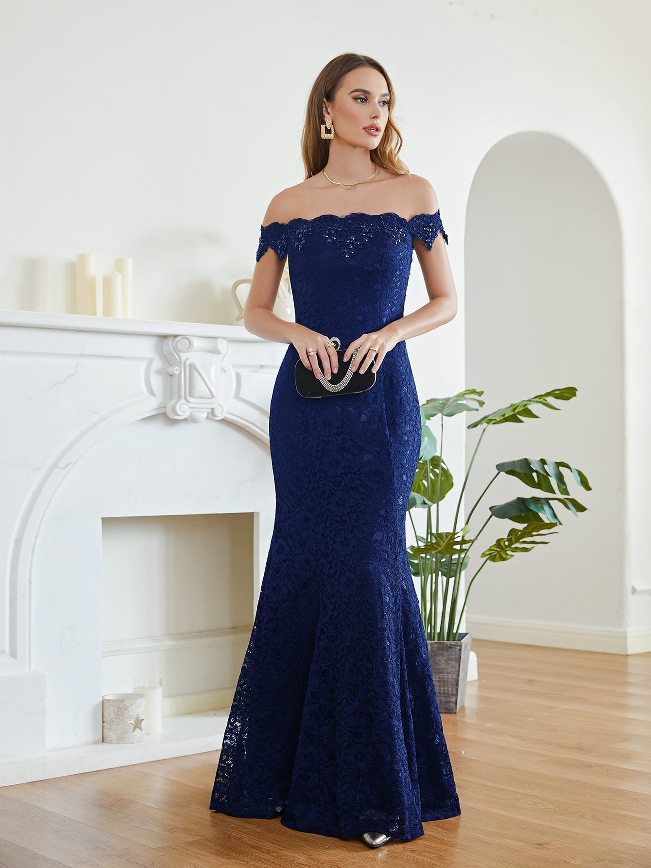 Long Mermaid Off the Shoulder Lace Floor Length Evening Dresses