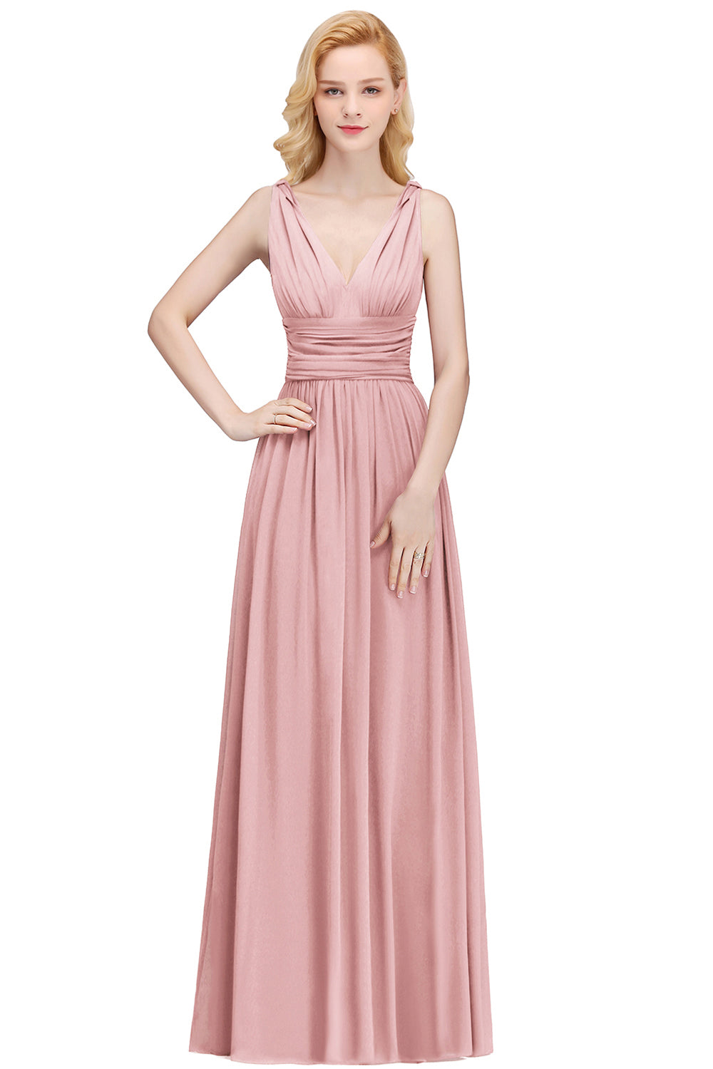 Long Chiffon V Neck Off The Shoulder Ruffle Floor Length Bridesmaid Dress