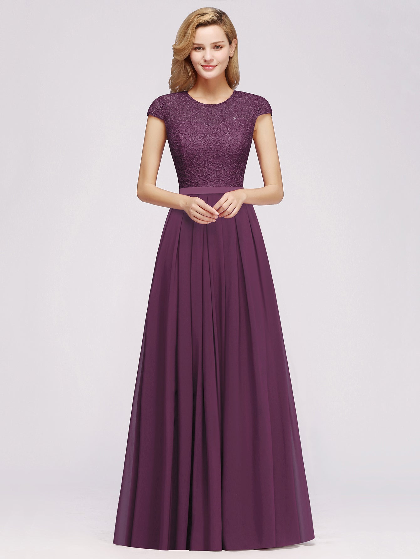 Long A-line Tulle Floral Lace Bridesmaid Dress with Cap Sleeves