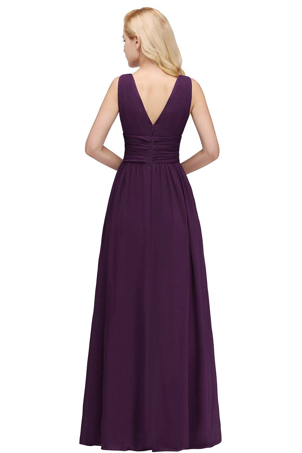Long Chiffon V Neck Off The Shoulder Ruffle Floor Length Bridesmaid Dress