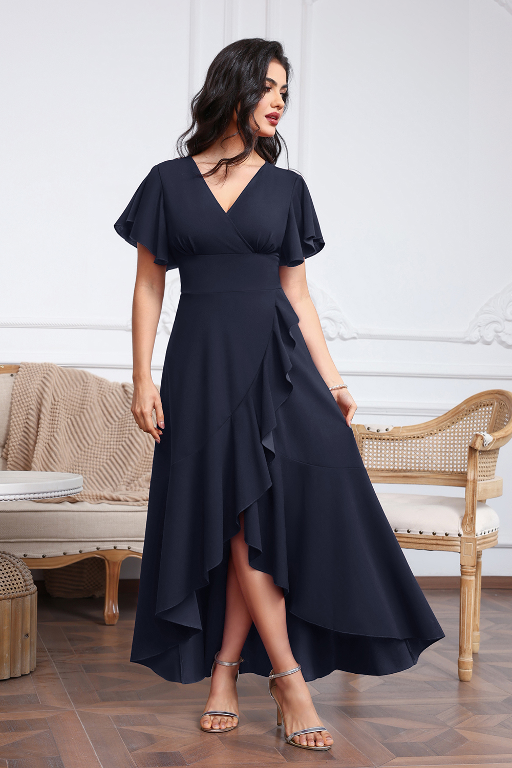 High Low A-line V-neck Chiffon Dark Navy Wedding Guest Dresses