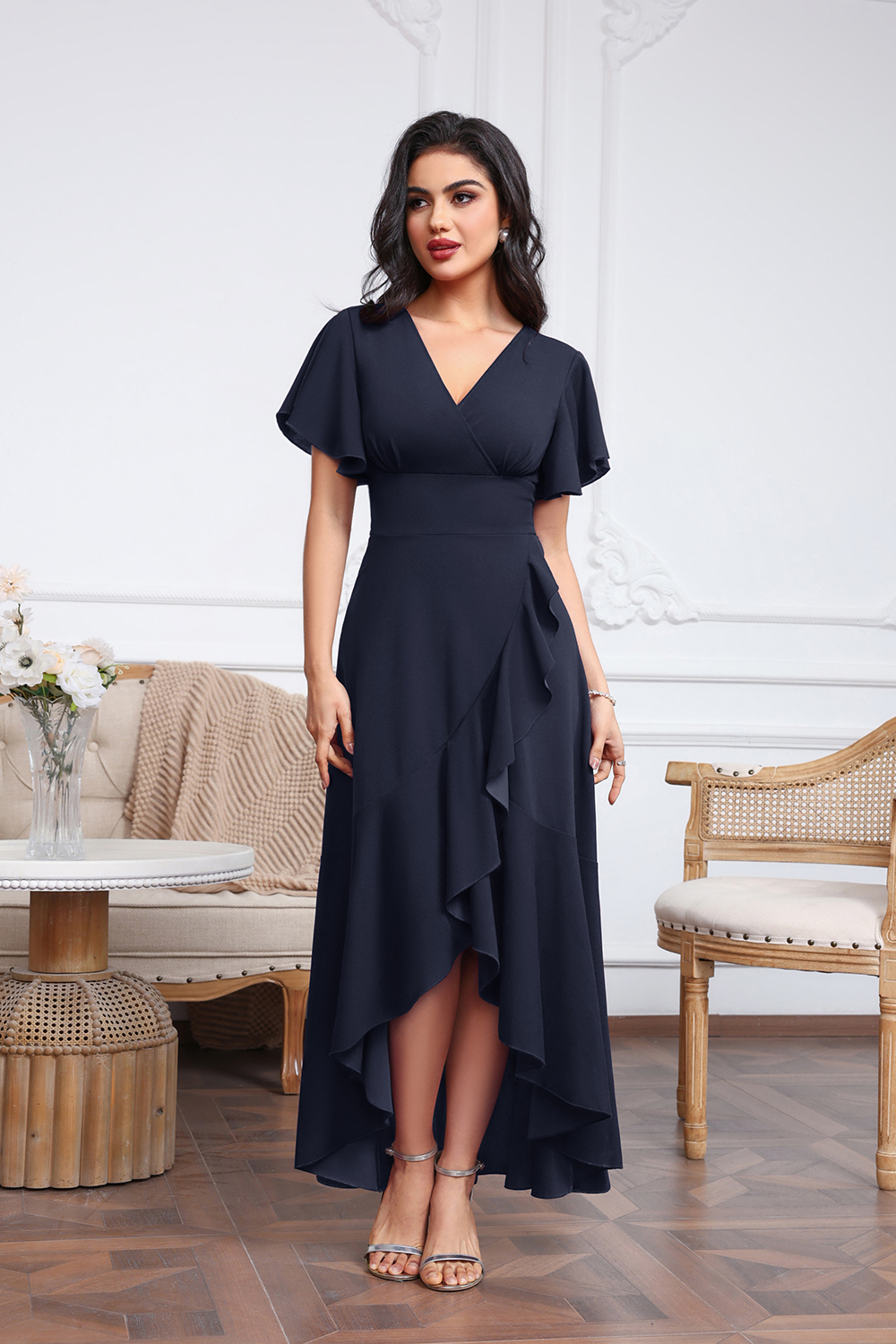 High Low A-line V-neck Chiffon Dark Navy Wedding Guest Dresses