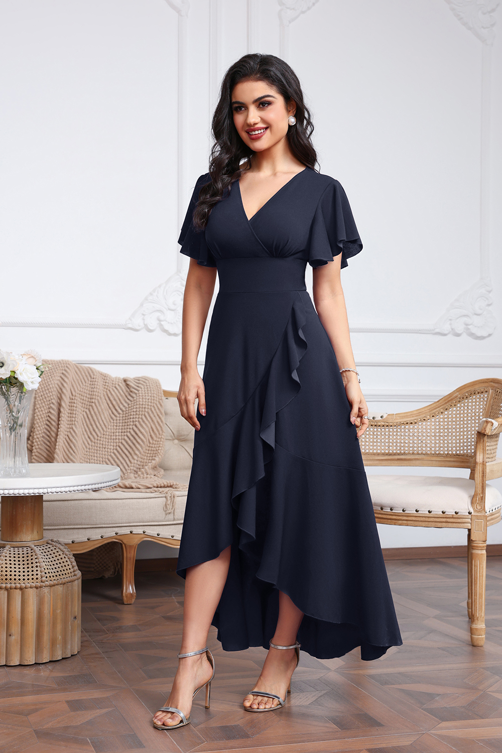 High Low A-line V-neck Chiffon Dark Navy Wedding Guest Dresses