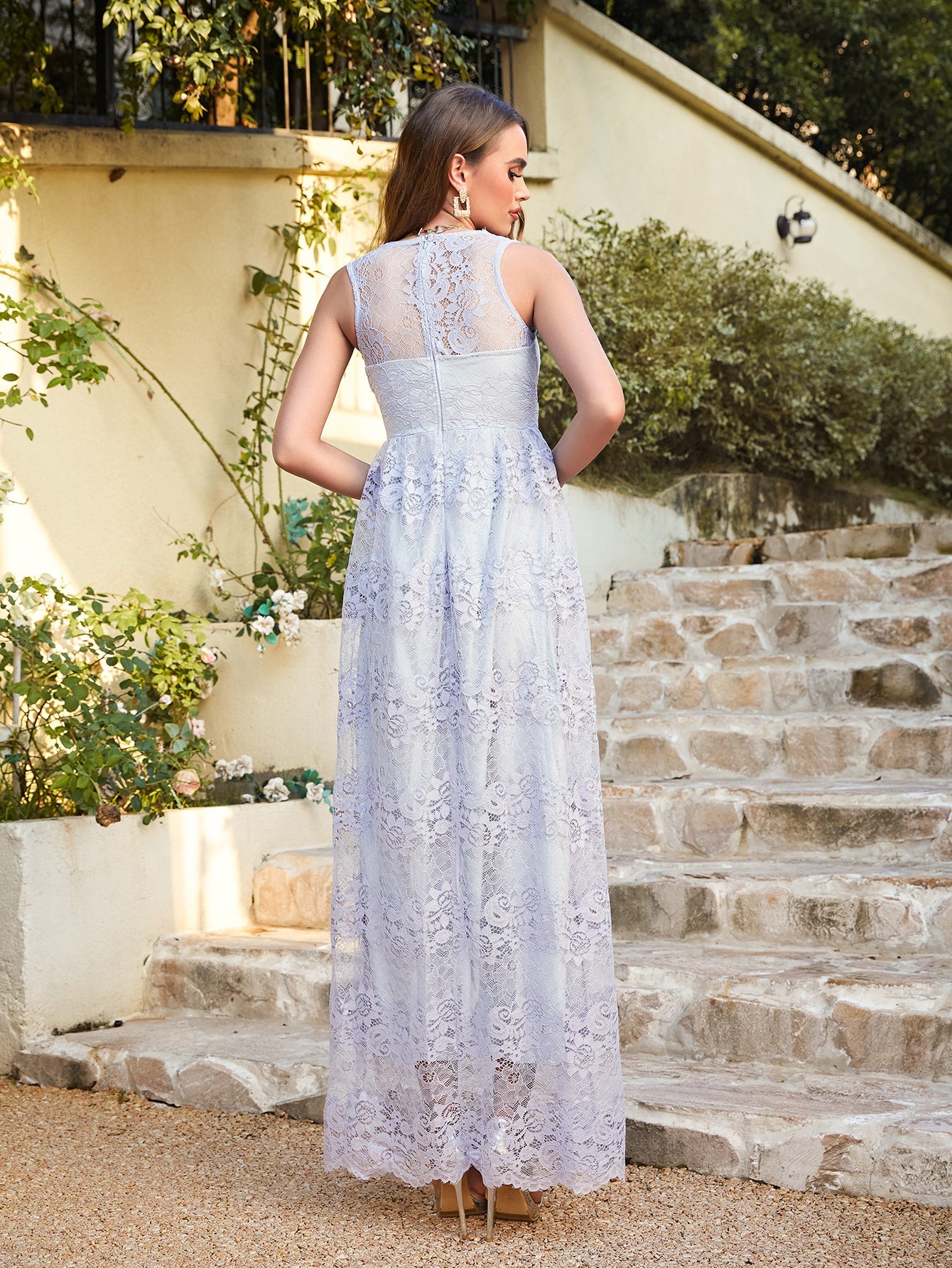 Long A Line Lace V Neck Sleveless Floor Length Evening Dress