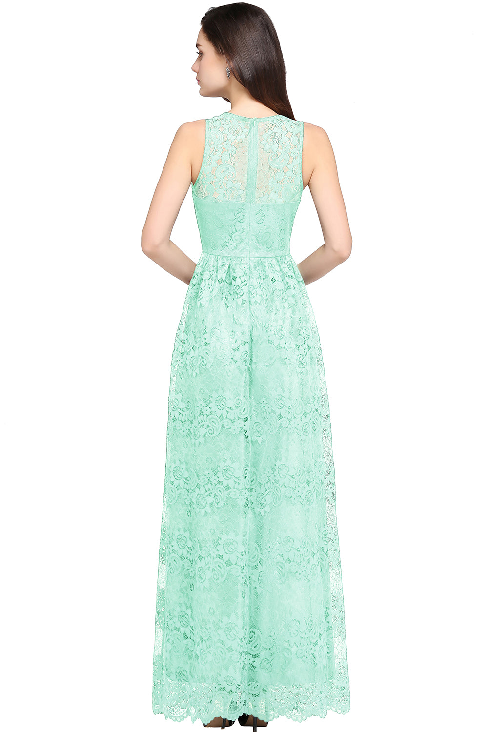 Long A Line Lace V Neck Sleveless Floor Length Evening Dress