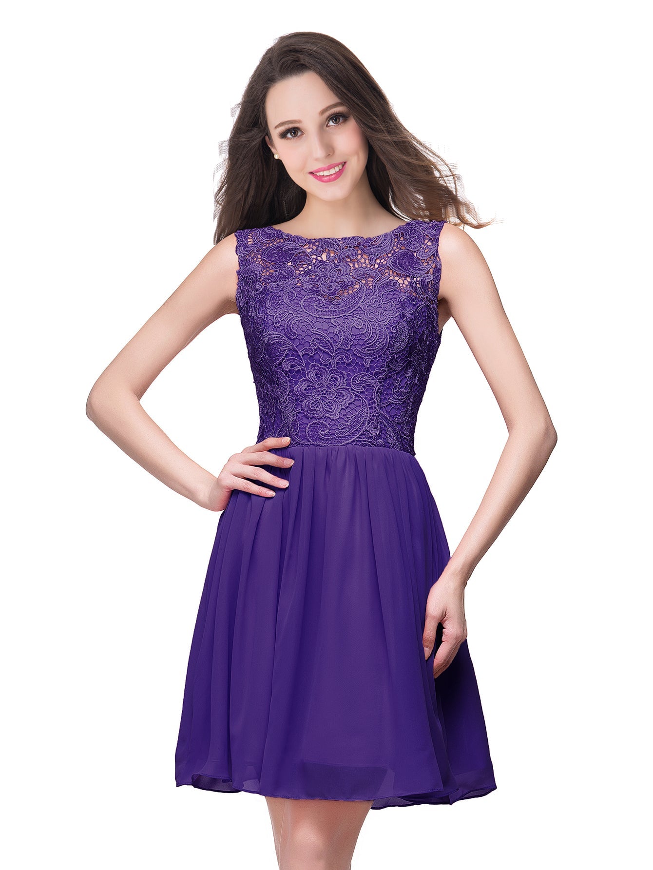 Short A line Lace Sleeveless Chiffon Homecoming Dress