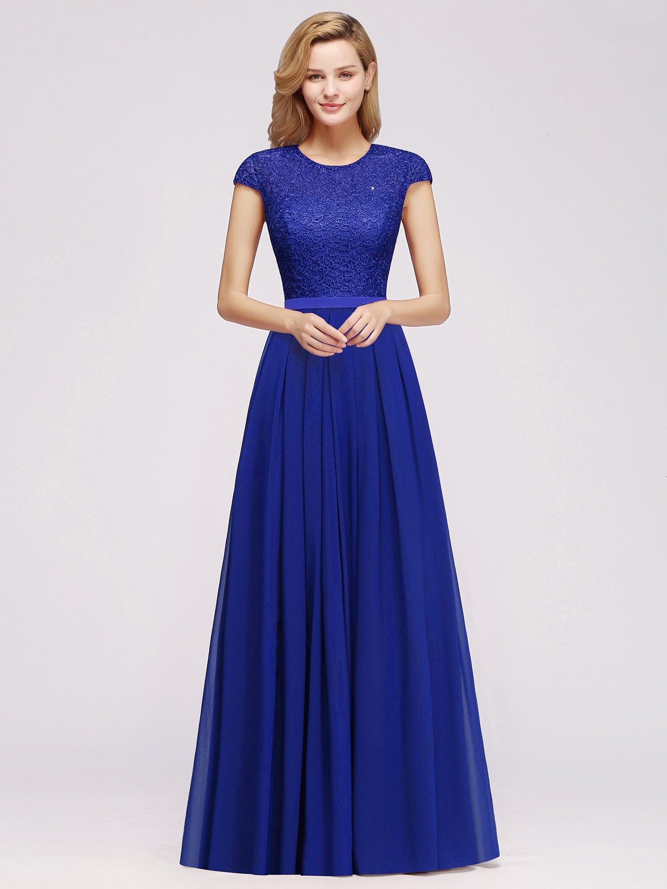 Long A-line Tulle Floral Lace Bridesmaid Dress with Cap Sleeves
