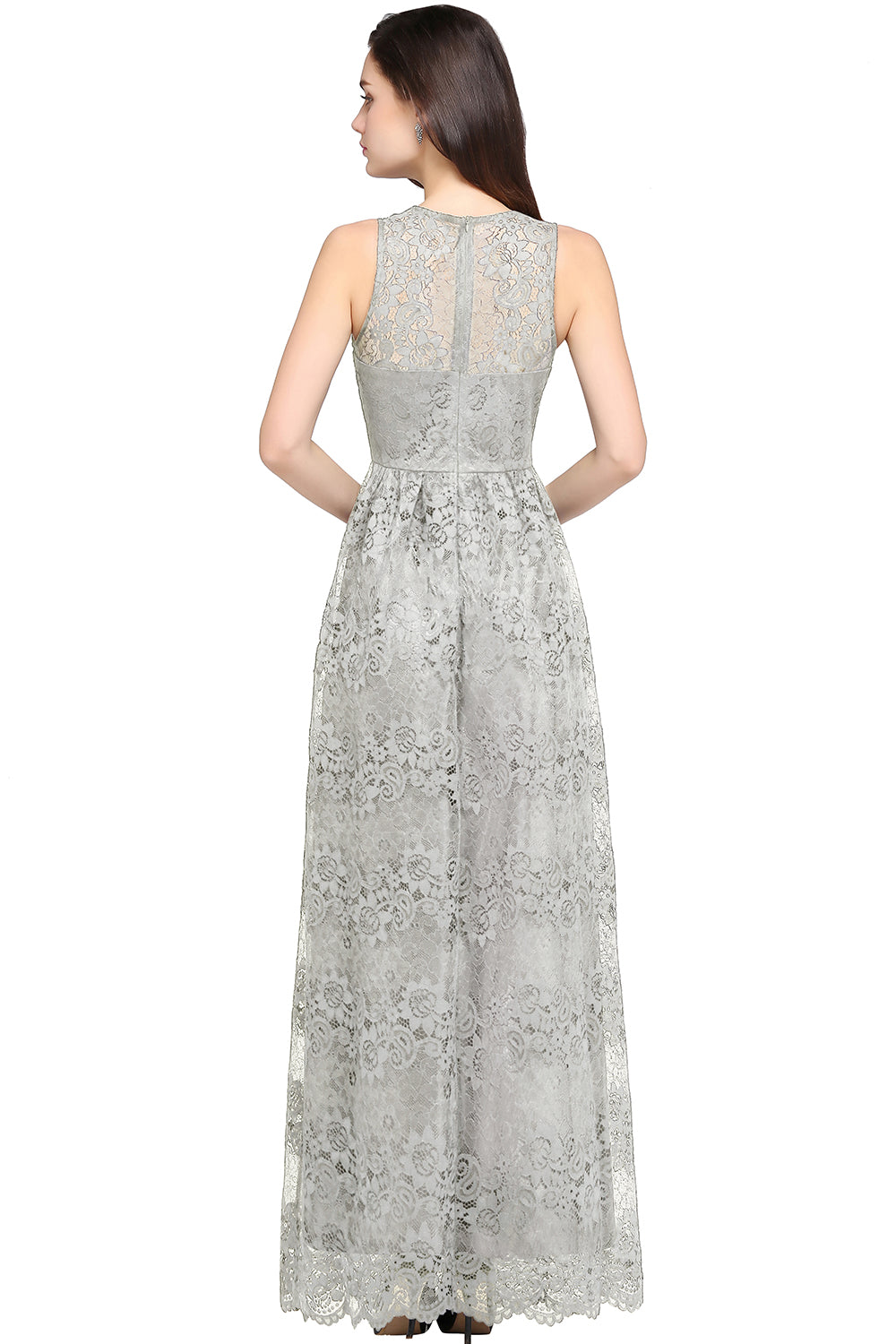 Long A Line Lace V Neck Sleveless Floor Length Evening Dress