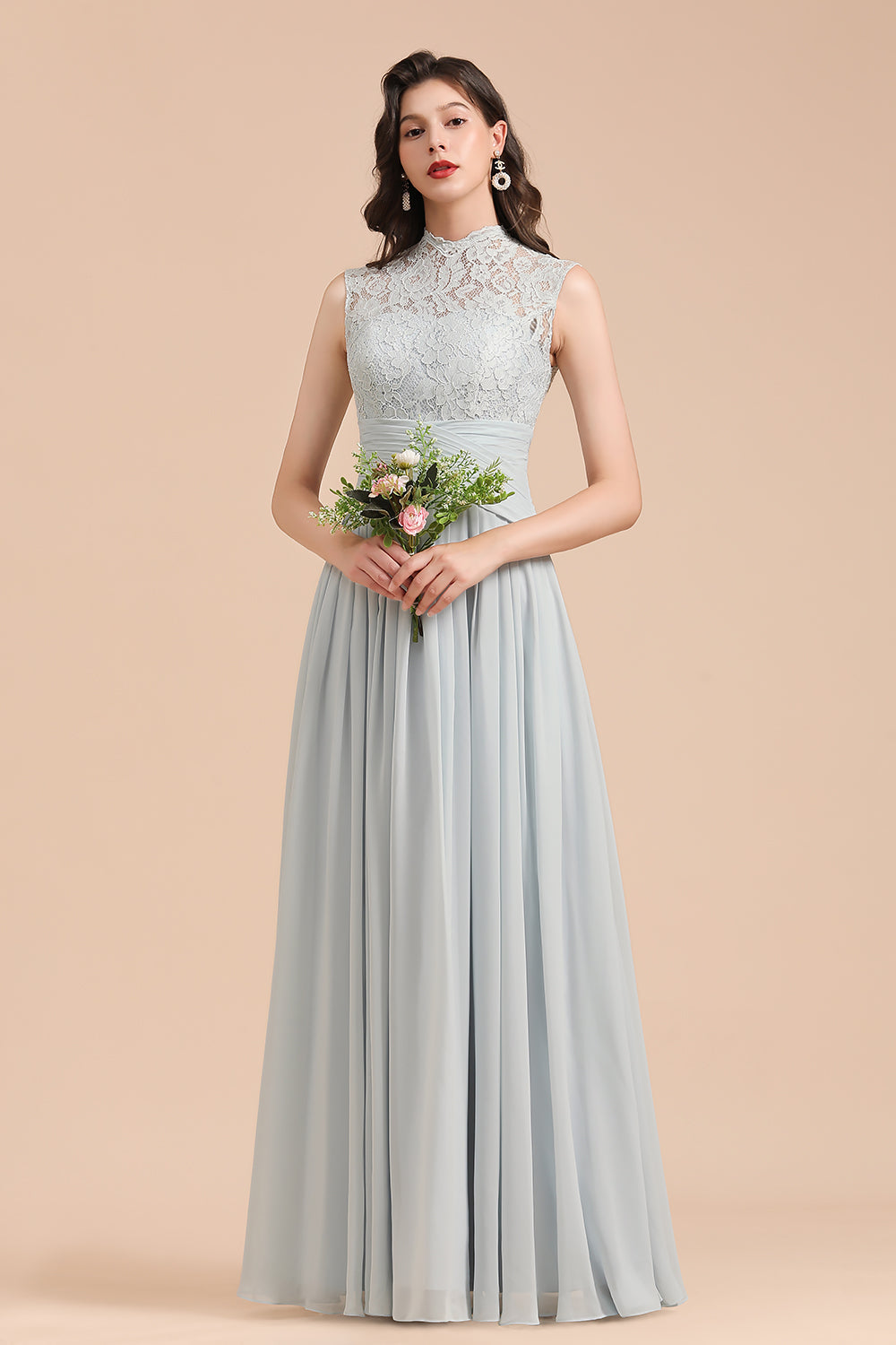 A-line High Neck Lace Chiffon Long Bridesmaid Dress-Babyonlinedress