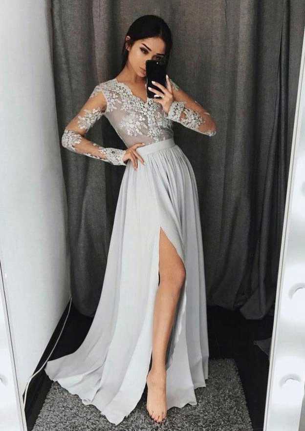 A-Line Princess V-Neck Chiffon Prom Dress with Lace - Floor-Length-Babyonlinedress