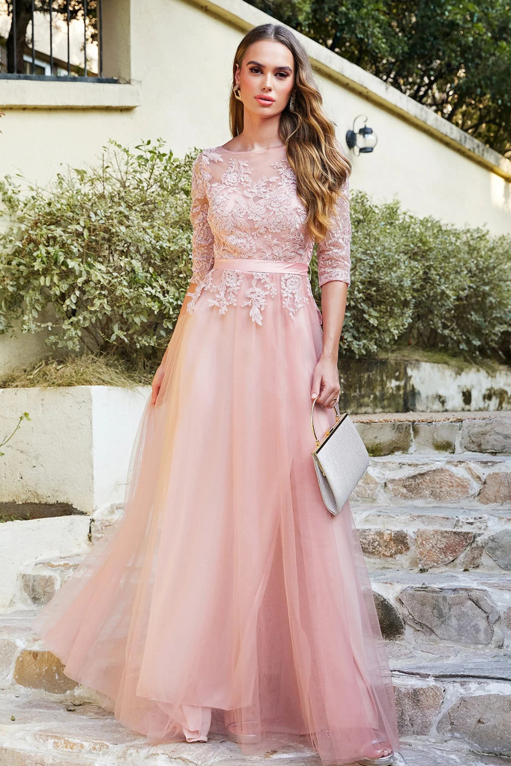 A line Round Neck Half Sleeves Tulle Lace Appliques Long Bridesmaid Dresses-Babyonlinedress