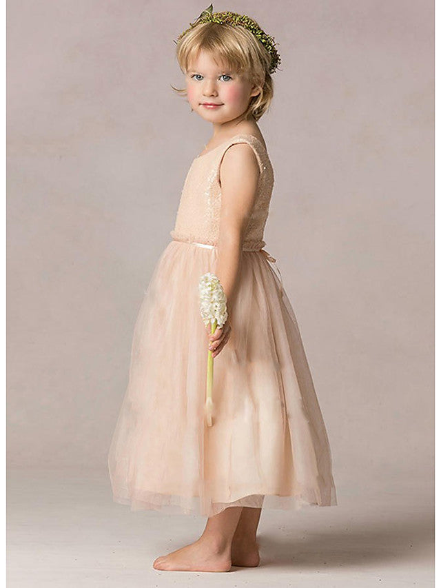 A-Line Sequined Sleeveless Jewel Neck Wedding Party Flower Girl Dresses-Babyonlinedress