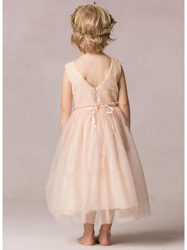 A-Line Sequined Sleeveless Jewel Neck Wedding Party Flower Girl Dresses-Babyonlinedress