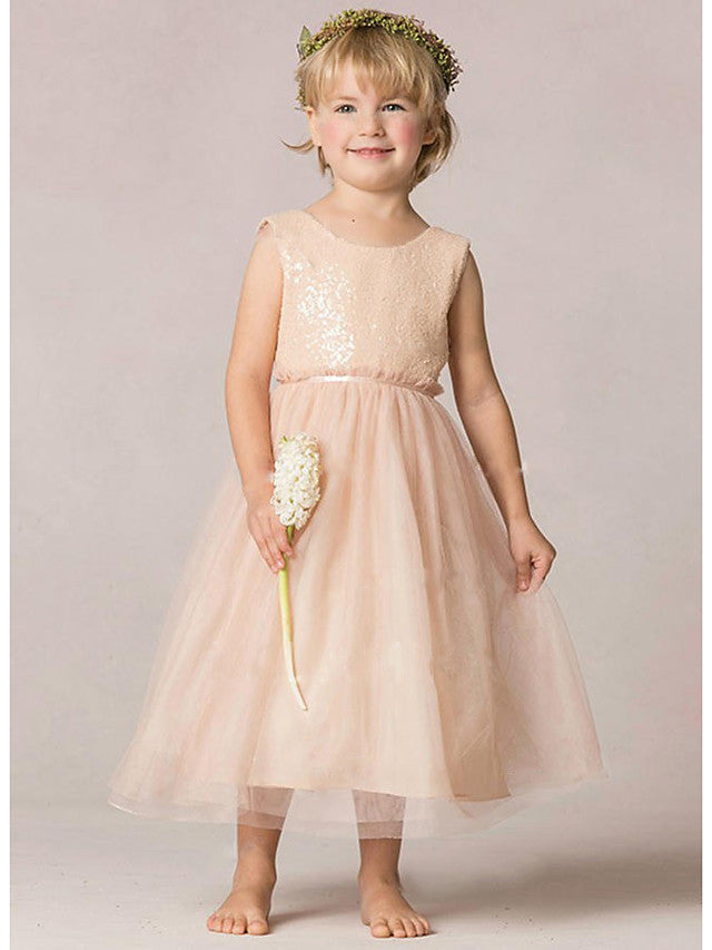 A-Line Sequined Sleeveless Jewel Neck Wedding Party Flower Girl Dresses-Babyonlinedress