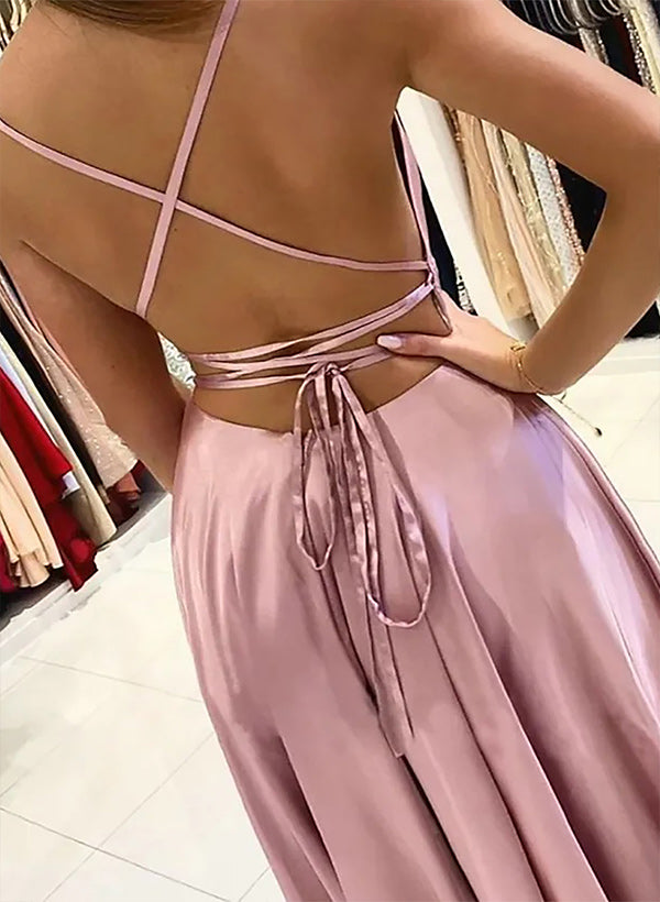 A-line Square Neckline Satin Prom Dress With Pleated Split Front-Babyonlinedress