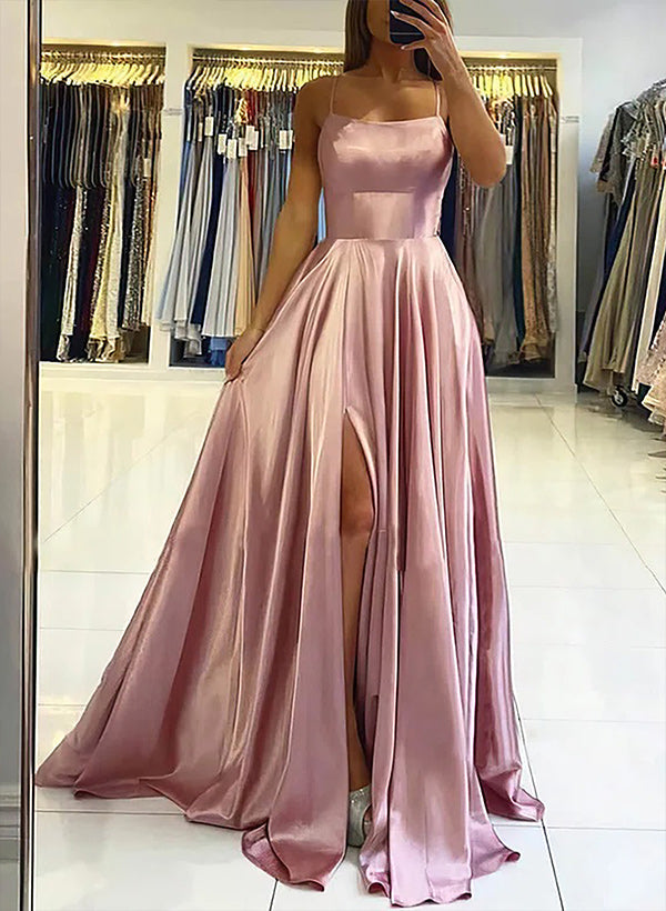 A-line Square Neckline Satin Prom Dress With Pleated Split Front-Babyonlinedress