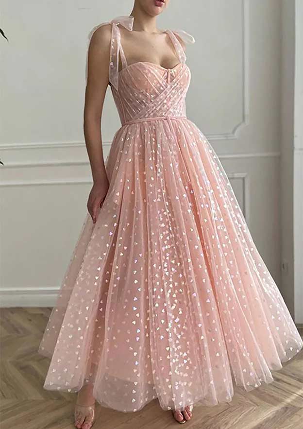 A-line Sweetheart Sleeveless Ankle-Length Tulle Homecoming Dress with Pleated Sequins-Babyonlinedress