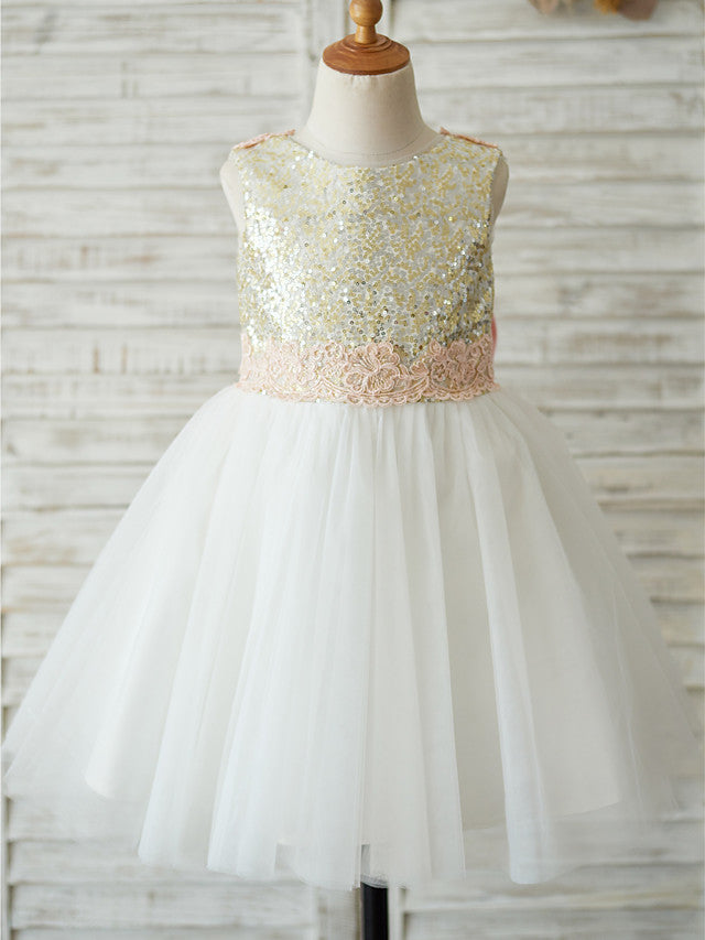 A-Line Tulle Sequined Sleeveless Jewel Neck Wedding Birthday Pageant Flower Girl Dresses-Babyonlinedress