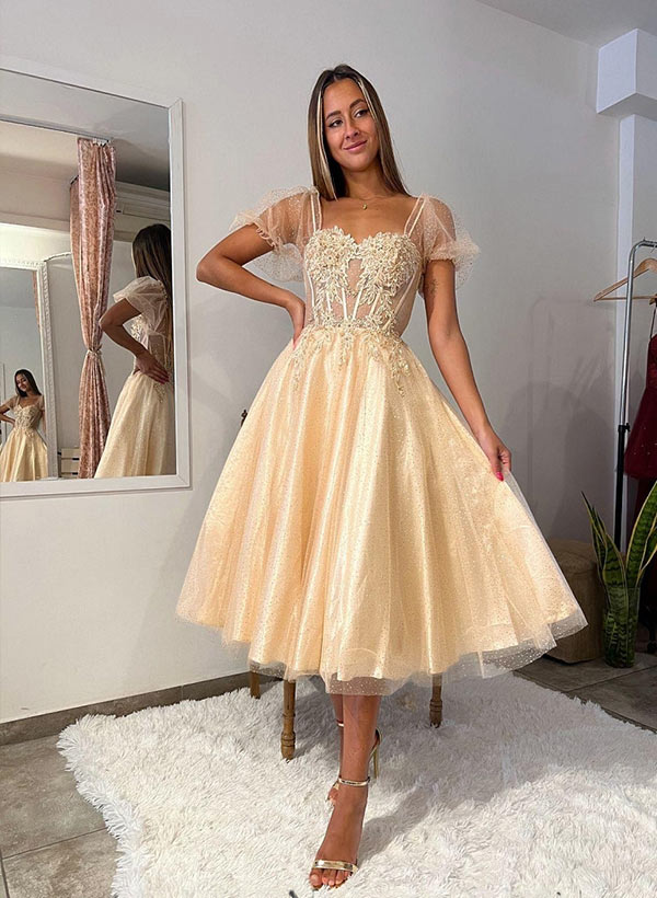 A-Line Tulle Tea Length Prom Dress With Appliques Lace-Babyonlinedress
