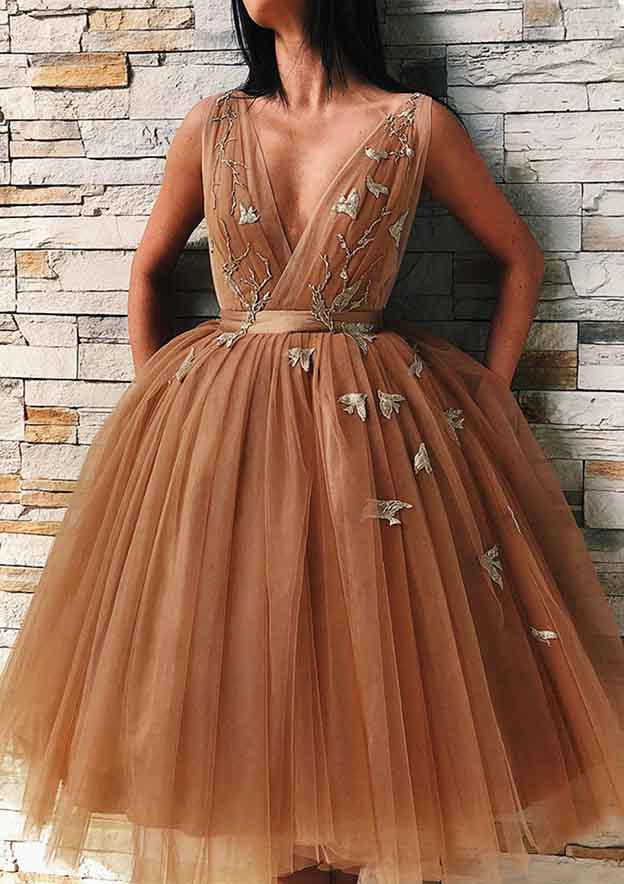 A-Line V Neck Embroidered Tulle Homecoming Dress - Babyonlinedress