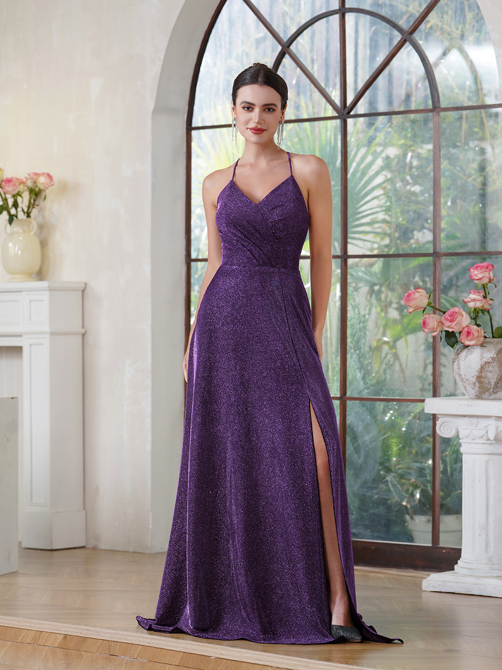 A-line V-Neck Long Prom Dress With Slit and Pocket-Babyonlinedress