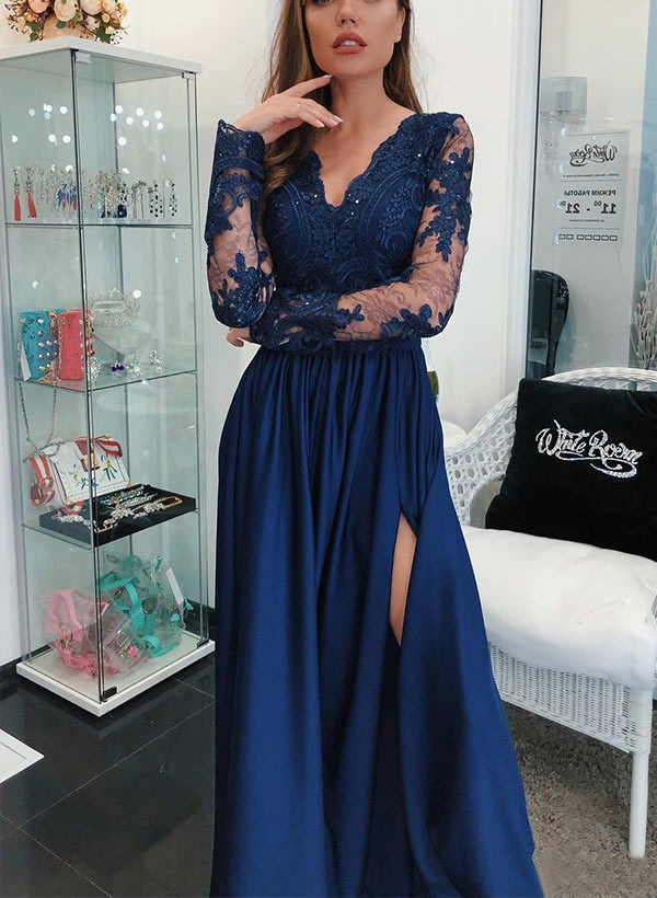 A-Line V-Neck Satin Navy Blue Prom Dress With Split Front-Babyonlinedress