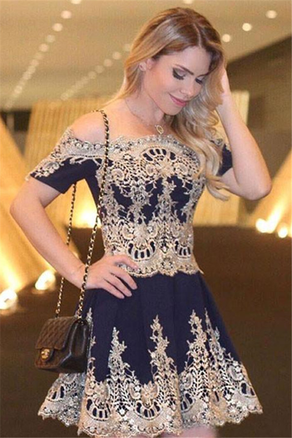 Short-Sleeves Latest Cheap Lace Navy Off-The-Shoulder Appliques Homecoming Dress