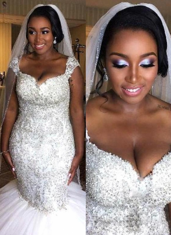 Gorgeous Beading Mermaid Wedding Dresses | Capped Sleeves Ruffles Skirt Bridal Gowns