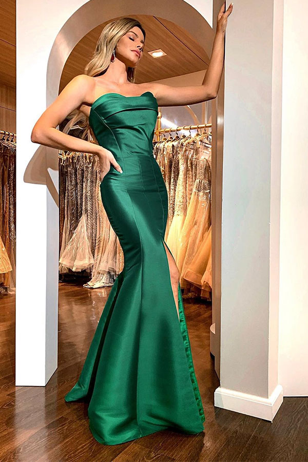 Sexy Green Strapless Front Slit Floor Length Mermaid Prom Dresses | Fit and Flare Evening Dresses