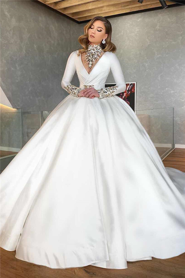 Vintage Ball Gown Wedding Dresses Cheap | Satin Bridal Dresses with Sleeves