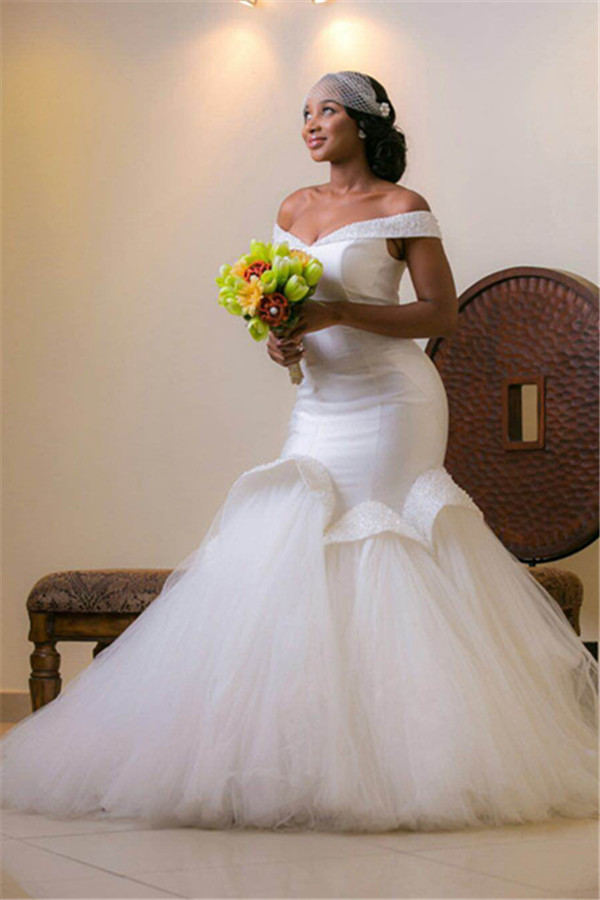 Glamorous Tulle Off-the-shoulder Mermaid Beads Lace-up Wedding Dresses with Sweep-Train