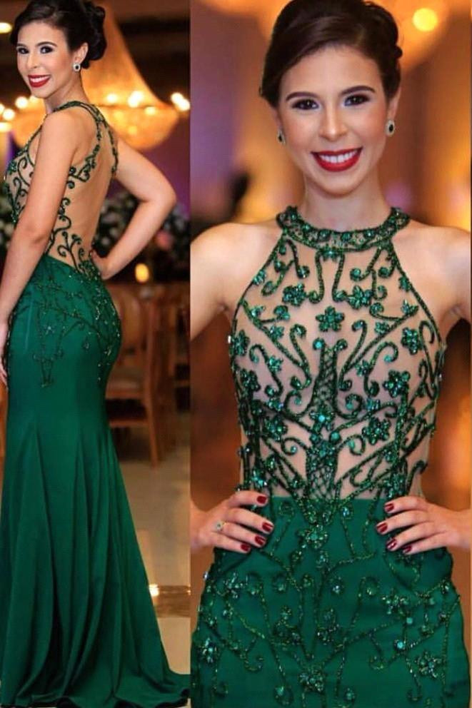 High Neck Sleeveless Sheer Column Emerald Prom Dresses