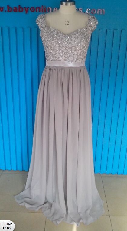 Sexy Silver Bridesmaid Dresses Lace Sequins Beaded Cap Sleeves Chiffon A-line Bridesmaid Dress