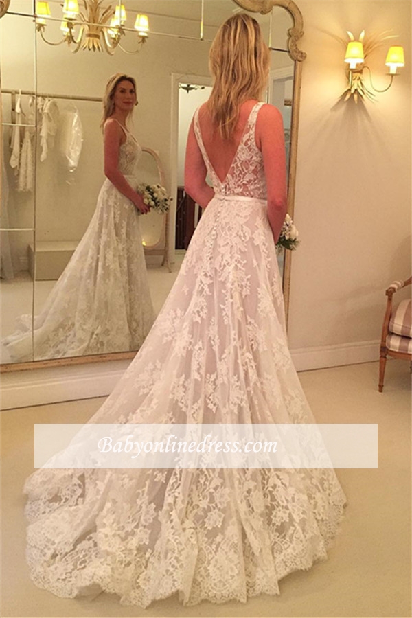 A-line Sleeveless Buttons Lace Appliques V-Neck Wedding Dress