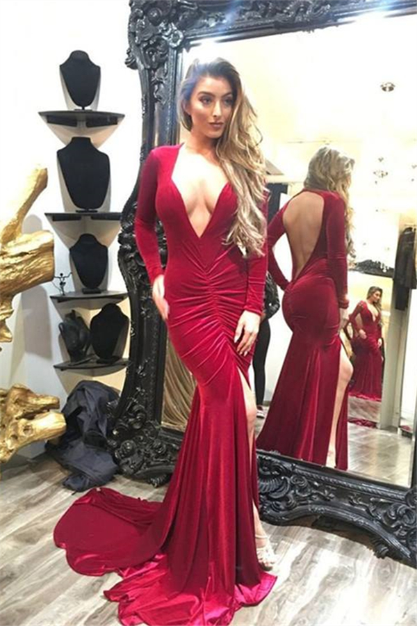Deep V-neck Long Sleeves Backless Sweep-train Split Mermaid Prom Dresses