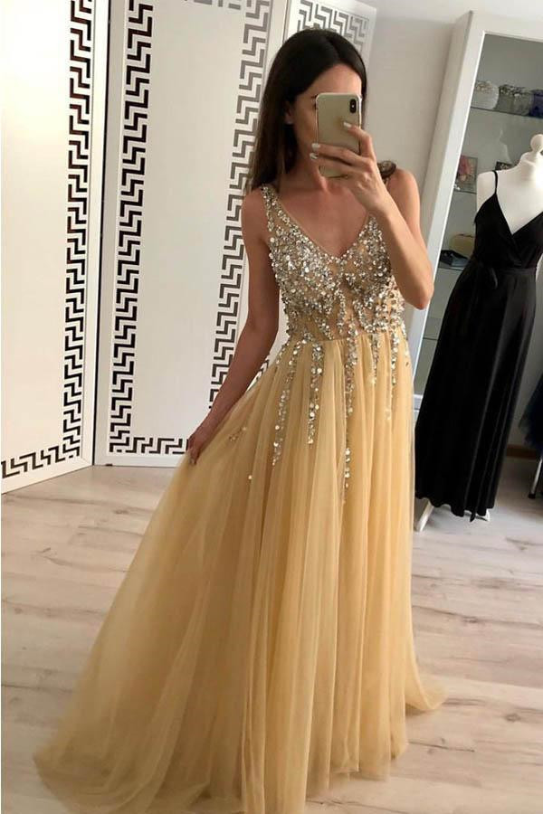 Chic Applique V-Neck Crystal Prom Dresses Backless Sleeveless Sexy Evening Dresses