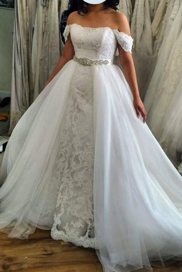 Off The Shoulder Lace Sash A Line Wedding Dresses With Detachable Skirt