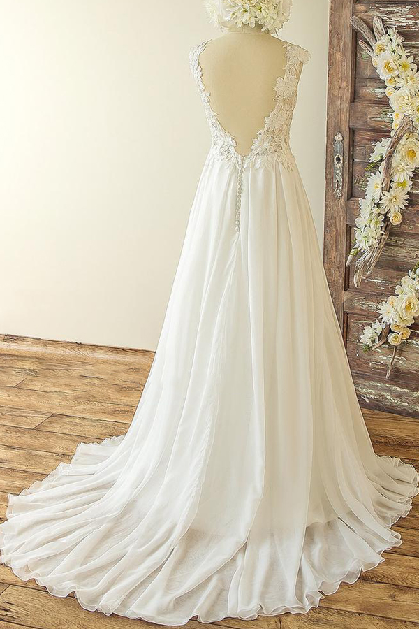 Jewel Sleeveless Lace Appliques Simple A-line Wedding Dresses