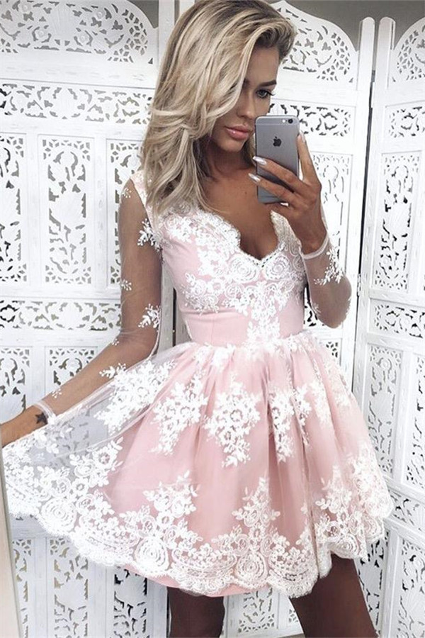 Pink Short Lace Homecoming Dresses Deep-V-Neck Long-Sleeves Party Dress