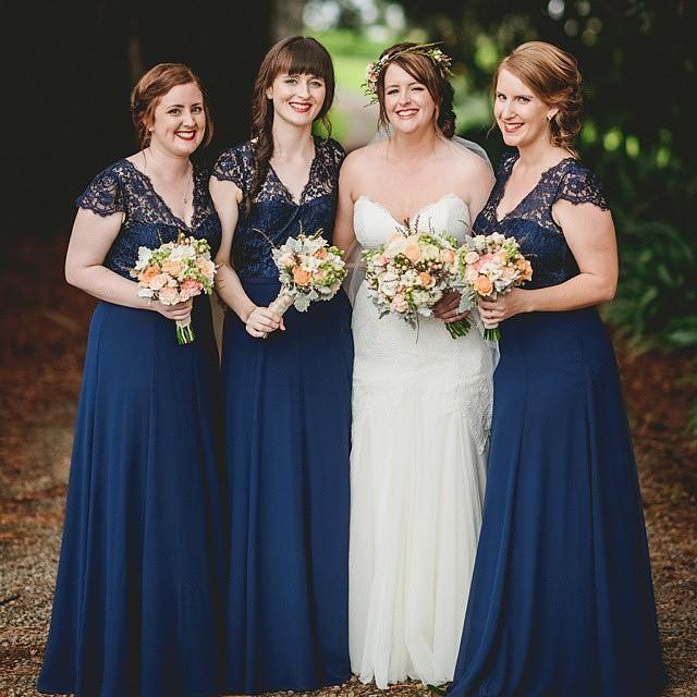 Romance Lace Chiffon Navy Blue Long Bridesmaid Dresses