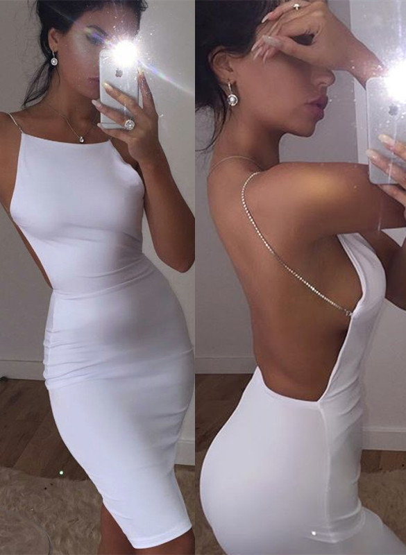White Backless Spaghetti-Strap Modern Mini Sleeveless Cocktail Dress