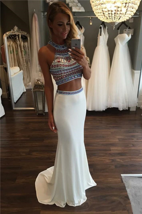 Halter Crystal Two Piece Prom Dresses Mermaid Sleeveless Sexy Evening Dresses